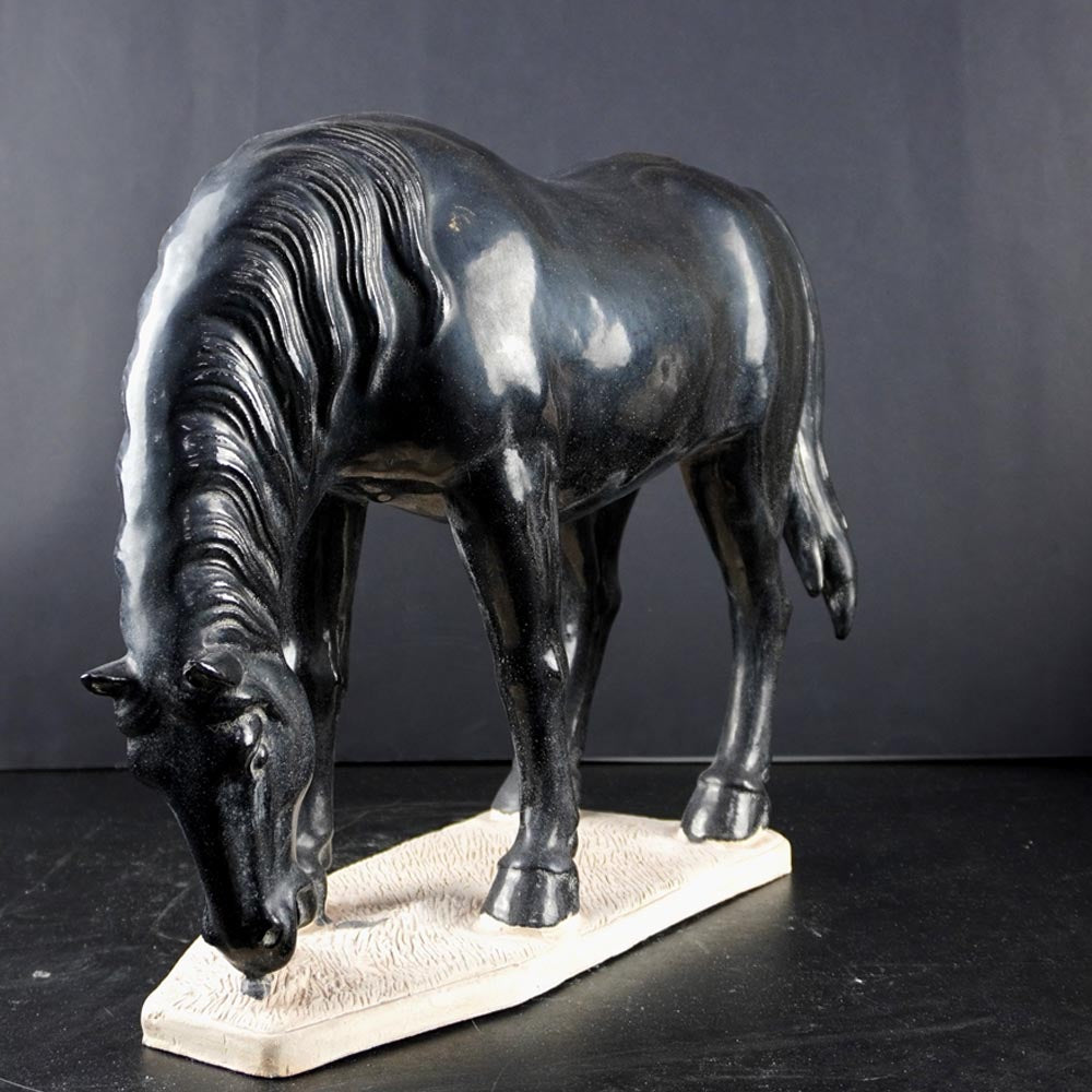 Pferde Figure Skulpturen schwarz Statue Ton Keramik
